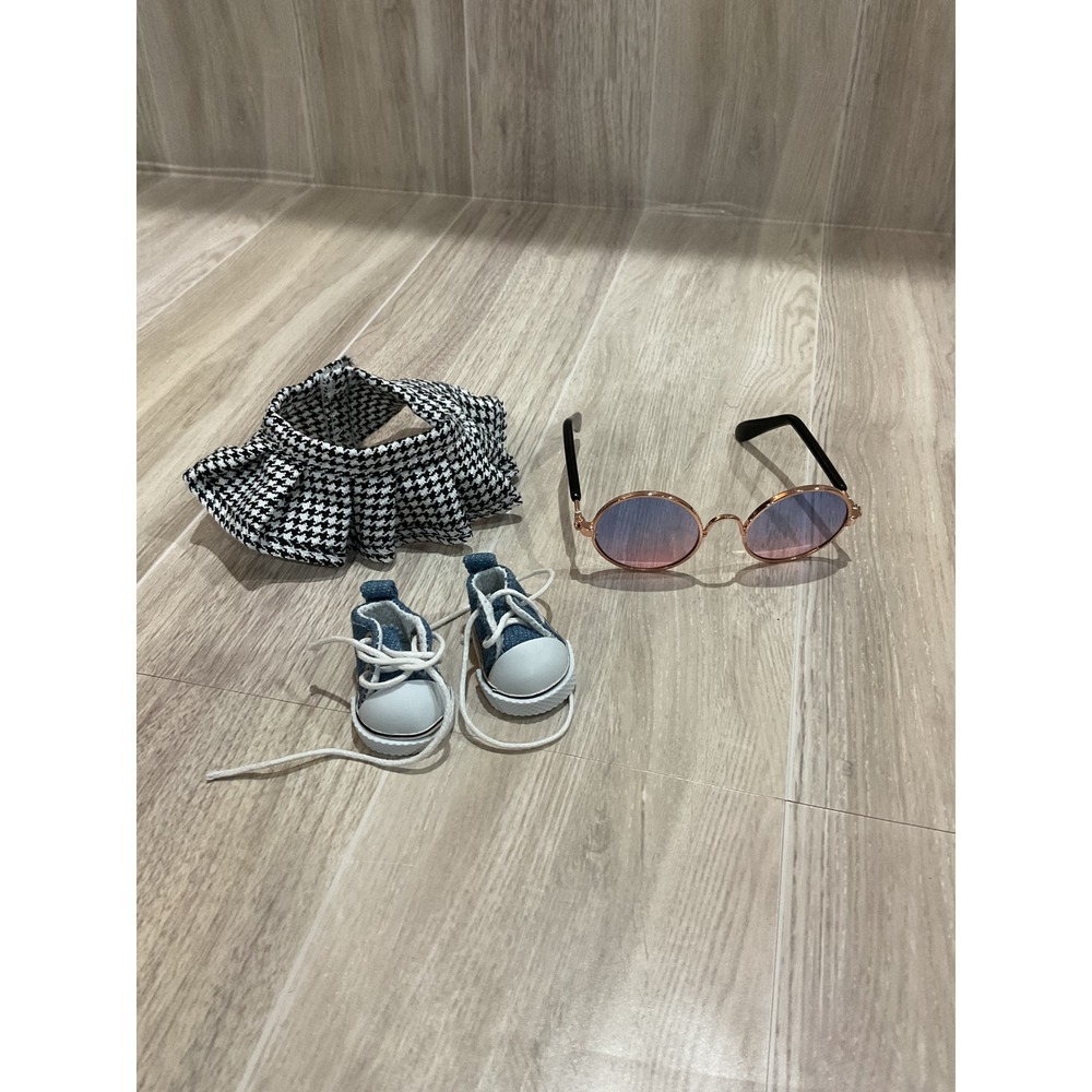 Labubu‎ Outfit Set Houndstooth Collar Denim Sneakers Round Sunglasses Accessory